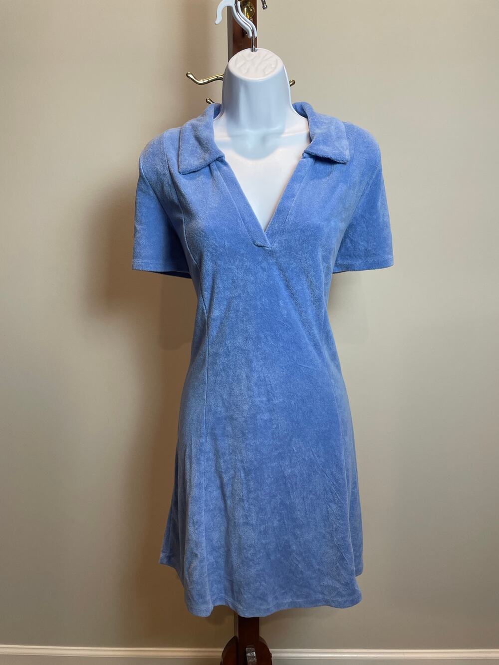 Monki Blue Classic Terry Cloth V‑Neck Short Sleeve Cover‑Up  Size L Old Money